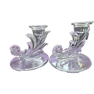 Pair of Fostoria Baroque Clear Candle Stick Vintage Scroll Design Elegant